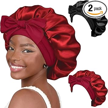 Arezzo SilkEssence Satin Sleep Bonnets – 2 Pcs Set in Black & Red | Silk Satin Bonnets for Women | Comfortable, Lightweight Hair Protection for Sleeping | Reduces Frizz & Retains Moisture - Silk Satin Bonnet - British D'sire