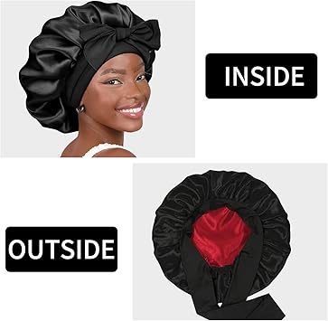Arezzo SilkEssence Satin Sleep Bonnets – 2 Pcs Set in Black & Red | Silk Satin Bonnets for Women | Comfortable, Lightweight Hair Protection for Sleeping | Reduces Frizz & Retains Moisture - Silk Satin Bonnet - British D'sire