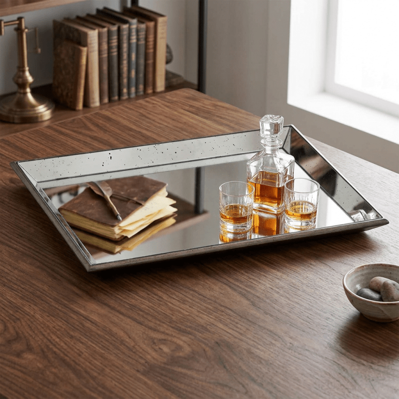 Astor Distressed Large Mirrored Tray With Wooden Detailing - Serving Tray - British D'sire