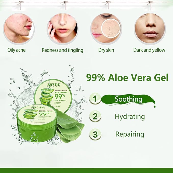 ASYBO 300 ML Aloe Vera Gel – 99% Organic Pure Aloe Vera Hydrating Moisturizer, Natural Aloe Cream for Dry Skin, Sunburn, Acne - British D'sire