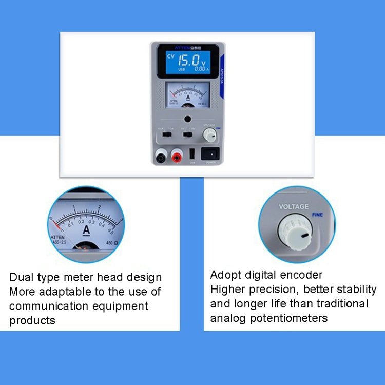ATTEN APS22 - 5A 22V 5A USB Digital Variable Adjustable Laboratory DC Power Supply For Mobile Repair, EU Plug - British D'sire