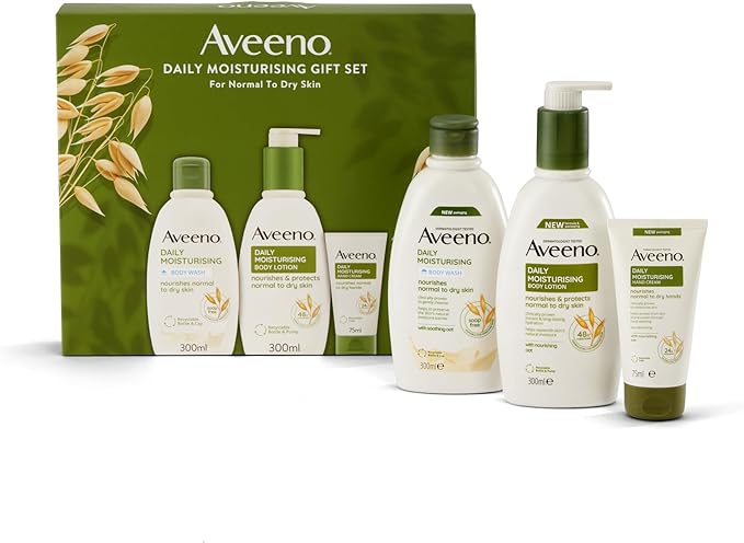 AVEENO Daily Moisturising Gift Set with Body Wash 300ml, Body Lotion 300ml and Hand Cream 75ml, Sensitive Skin Gift, 3-Step Skincare Regime, Christmas Gift - British D'sire Main image