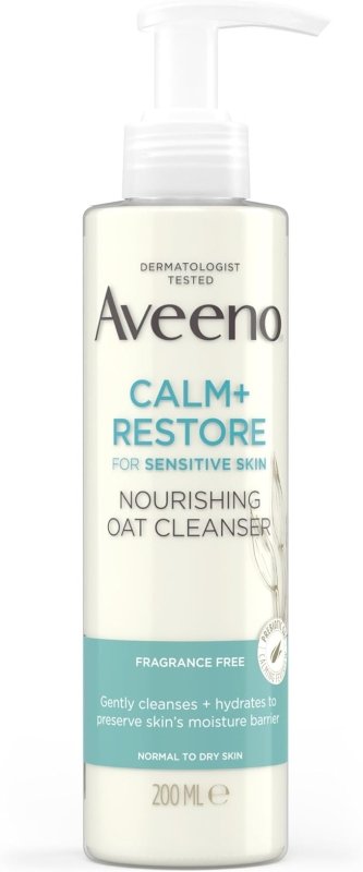 Aveeno Face CALM+RESTORE Nourishing Oat Cleanser, Gently Cleanses, For Sensitive Skin, With Prebiotic Oat and Calming Feverfew, Fragrance Free, 200ml - British D'sire Main image