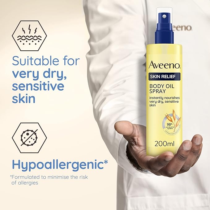 Aveeno Skin Relief Body Oil Spray, With Oat Oil & Jojoba Oil, Suitable For Sensitive Skin, Instantly Nourishes Very Dry, Sensitive Skin, Suitable for a Massage, 200ml - British D'sire
