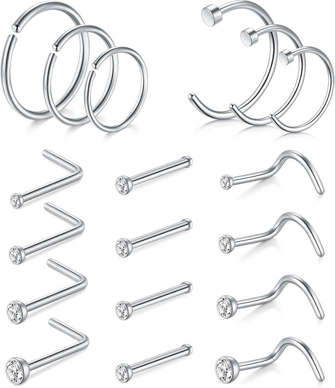 AVYRING Nose Rings Hypoallergenic Stainless Steel L - Shaped Nose Stud Screws with Cubic Zirconia Nose Piercing Jewellery 22G 20G 18G, Pack of 18 Pieces or 24 Pieces - Body Jewellery - British D'sire Main image