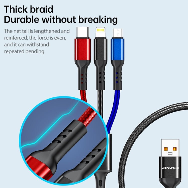 awei CL-971 3 in 1 1.2m 2.4A USB to 8 Pin + Micro USB + USB-C / Type-C Multi Charging Cable - British D'sire