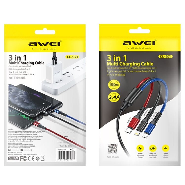 awei CL-971 3 in 1 1.2m 2.4A USB to 8 Pin + Micro USB + USB-C / Type-C Multi Charging Cable - British D'sire