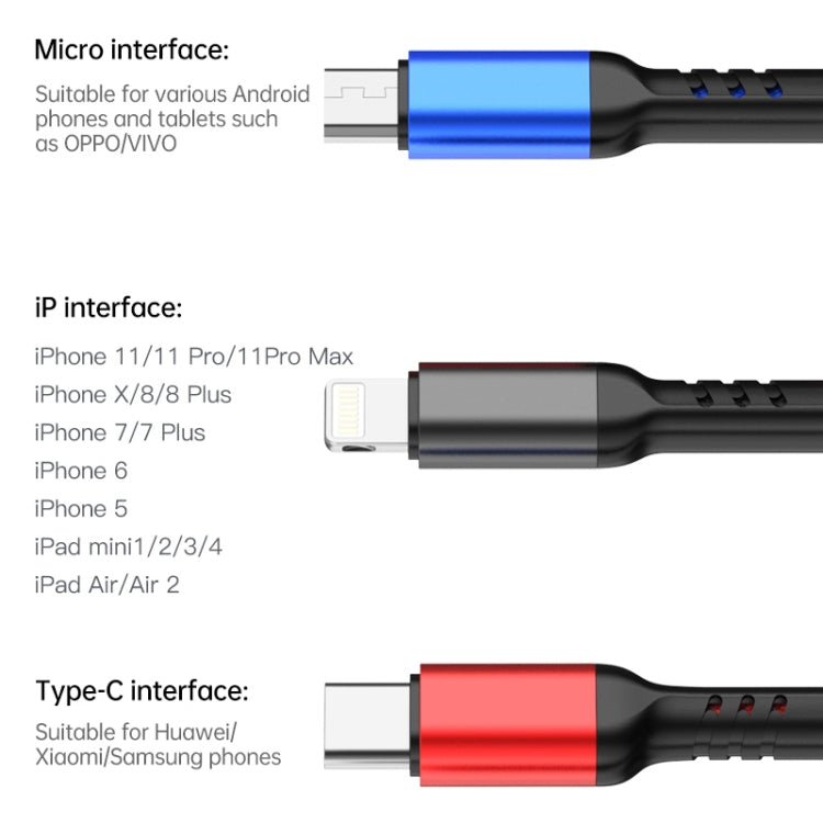 awei CL-971 3 in 1 1.2m 2.4A USB to 8 Pin + Micro USB + USB-C / Type-C Multi Charging Cable - British D'sire