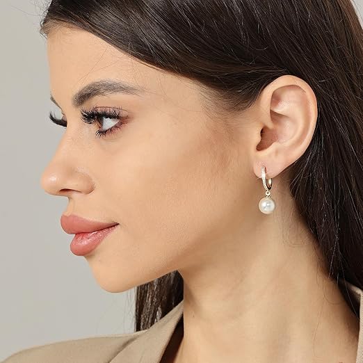 Awinesn Gold Pearl Earrings for Women Girls 14K Real Gold Plated Pearl Drop Earrings Dainty Cubic Zirconia Gold Earrings for Women Wedding Bridal Bridesmaid - Earrings - British D'sire