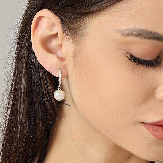 Awinesn Gold Pearl Earrings for Women Girls 14K Real Gold Plated Pearl Drop Earrings Dainty Cubic Zirconia Gold Earrings for Women Wedding Bridal Bridesmaid - Earrings - British D'sire
