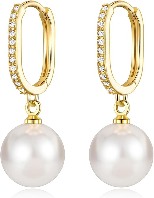Awinesn Gold Pearl Earrings for Women Girls 14K Real Gold Plated Pearl Drop Earrings Dainty Cubic Zirconia Gold Earrings for Women Wedding Bridal Bridesmaid - Earrings - British D'sire
