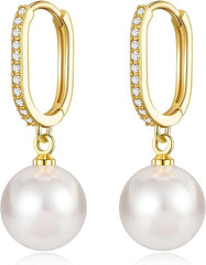Awinesn Gold Pearl Earrings for Women Girls 14K Real Gold Plated Pearl Drop Earrings Dainty Cubic Zirconia Gold Earrings for Women Wedding Bridal Bridesmaid - Earrings - British D'sire