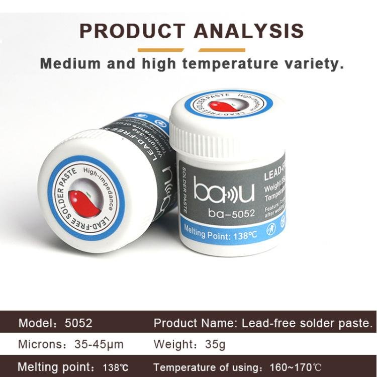 BAKU BA - 5052 BGA Solder Paste for Mobile Phone Repair 35g Tin 35 - 45 Microns, 138 Celsius Melting Point - British D'sire