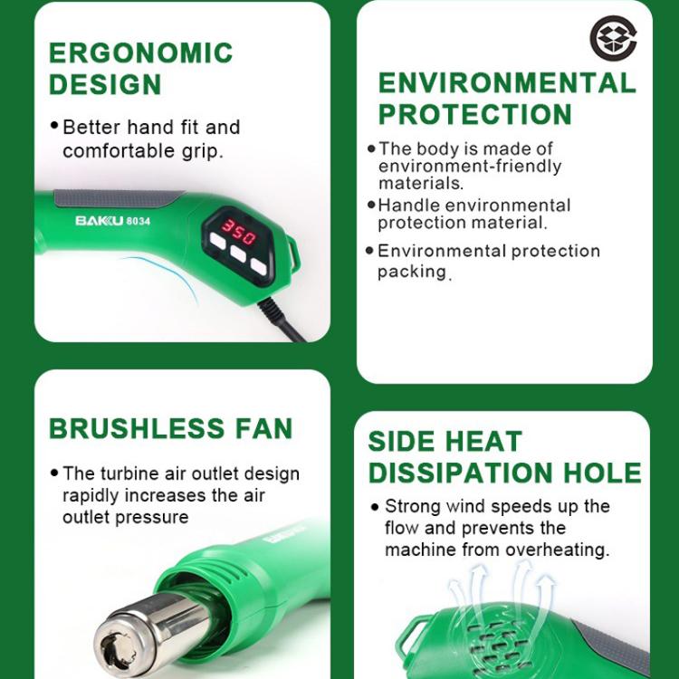 BAKU BA - 8034 650W Hot Air Blower 100 - 500 Degrees Celsius Heat Tool With 3 Nozzles 110V US Plug - British D'sire