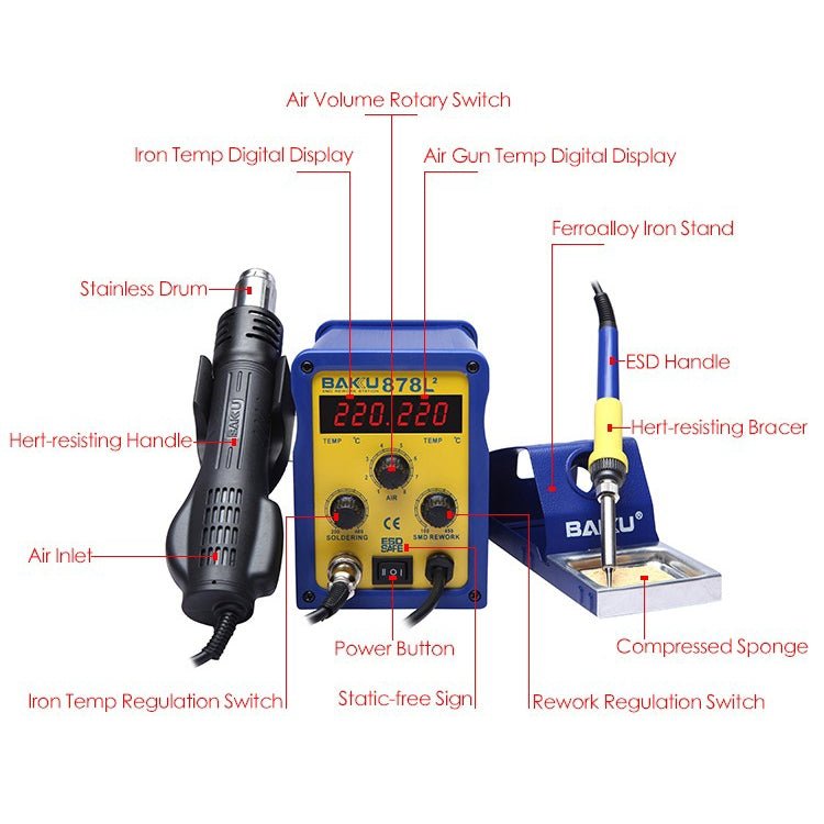 BAKU BK - 878L2 AC 110V LED Display 2 in 1 Hot Air Gun Soldering Iron Soldering Station - British D'sire