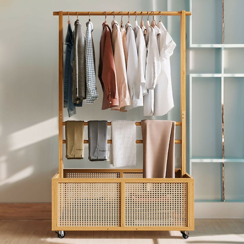 Bamboo Garment Rack with Woven Rattan Storage Secondary image