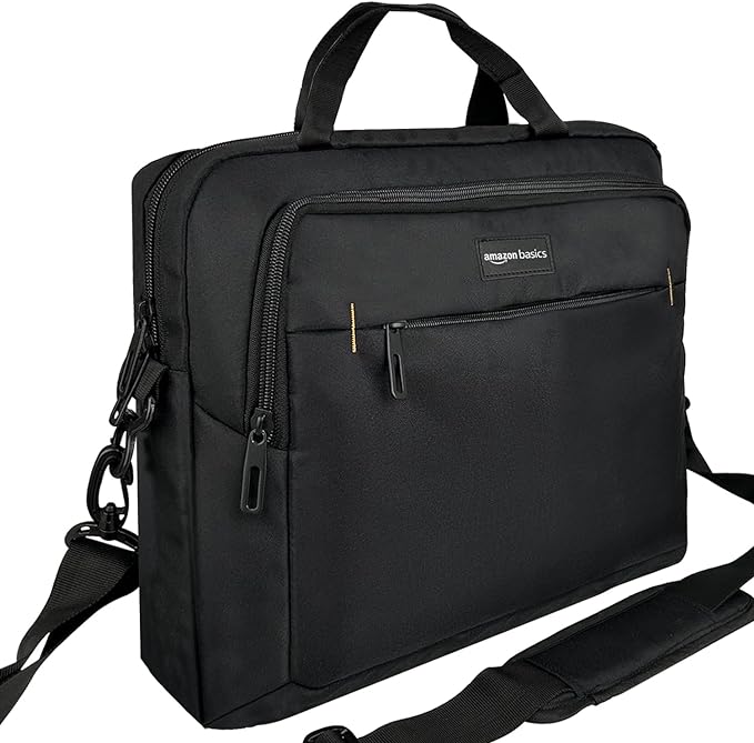 Basics Compact Laptop Shoulder Bag Carrying Case with Padded Strap and Zippered Accessory Pocket, 1 - Pack, 39.6 cm, Black - Laptop Bag - British D'sire
