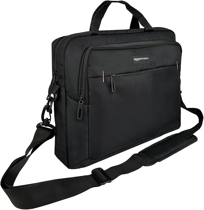Basics Compact Laptop Shoulder Bag Carrying Case with Padded Strap and Zippered Accessory Pocket, 1 - Pack, 39.6 cm, Black - Laptop Bag - British D'sire