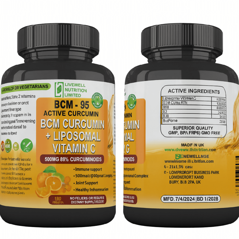 BCM – 95 Active Curcumin + Liposomal Vitamin C Advanced Formula 180 Tablets,1500mg (Turmeric Rhizome) - Multivitamin supplement - British D'sire