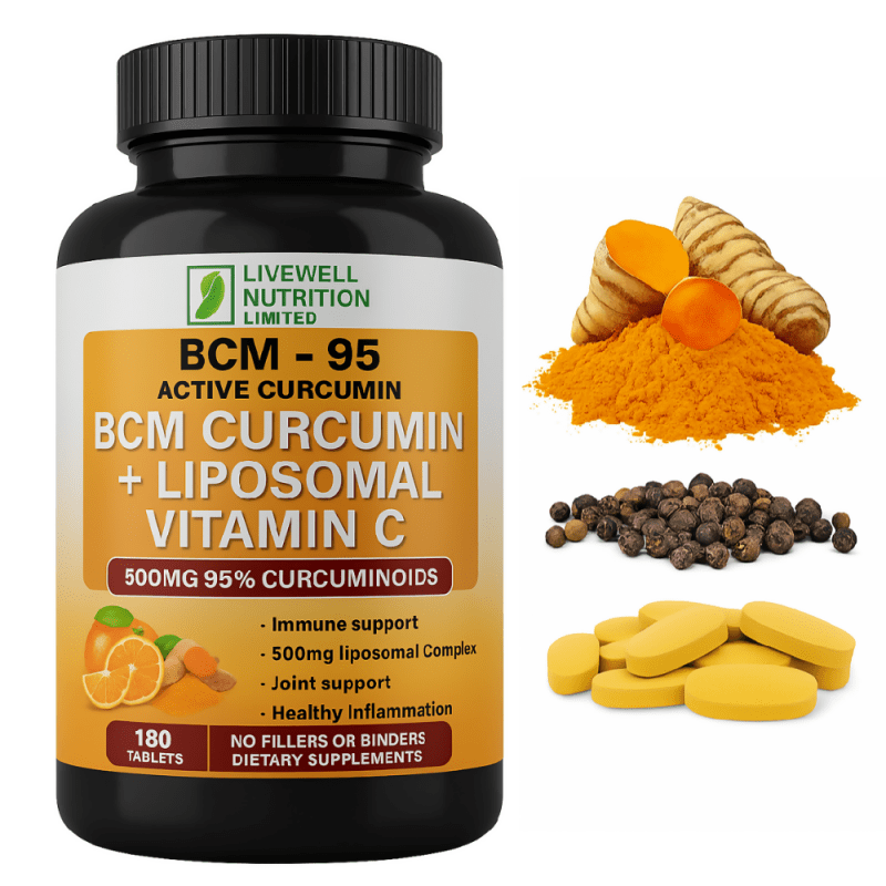 BCM – 95 Active Curcumin + Liposomal Vitamin C Advanced Formula 180 Tablets,1500mg (Turmeric Rhizome) - Multivitamin supplement - British D'sire