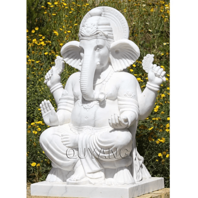 Beads for Less - Life - Size Ganesha Statue - QUYANG White Marble Stone Carving - Bring Luck, Prosperity, and Positive Energy to Your Home - Stone Carving Statue - British D'sire