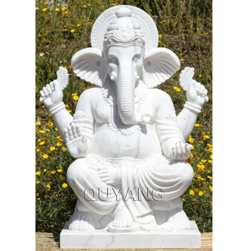 Beads for Less - Life - Size Ganesha Statue - QUYANG White Marble Stone Carving - Bring Luck, Prosperity, and Positive Energy to Your Home - Stone Carving Statue - British D'sire