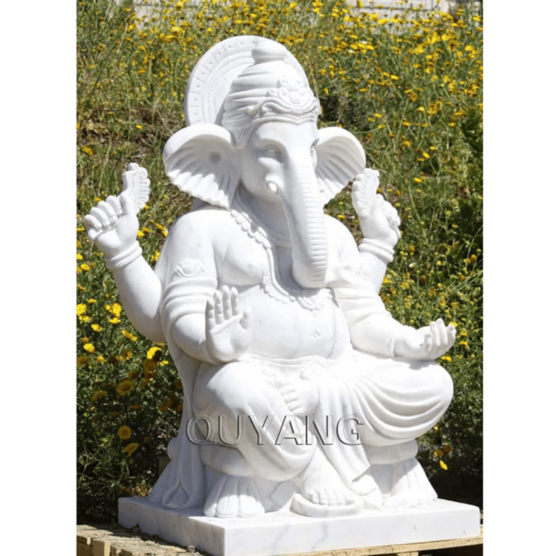 Beads for Less - Life - Size Ganesha Statue - QUYANG White Marble Stone Carving - Bring Luck, Prosperity, and Positive Energy to Your Home - Stone Carving Statue - British D'sire