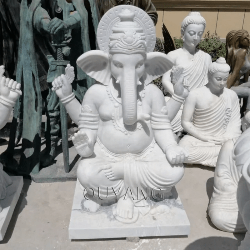 Beads for Less - Life - Size Ganesha Statue - QUYANG White Marble Stone Carving - Bring Luck, Prosperity, and Positive Energy to Your Home - Stone Carving Statue - British D'sire