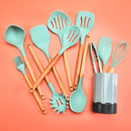 Beech Wood Silicone Kitchen Set With Storage Bucket(Dark Gray) - British D'sire