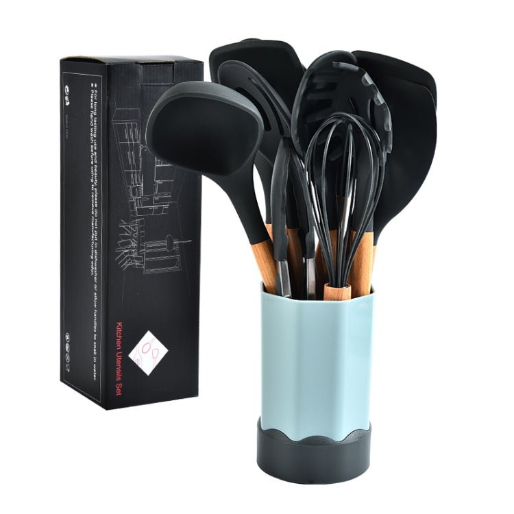 Beech Wood Silicone Kitchen Set With Storage Bucket(Dark Gray) - British D'sire Main image