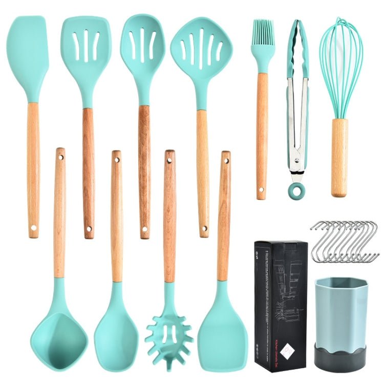 Beech Wood Silicone Kitchen Set With Storage Bucket(Dark Gray) - British D'sire