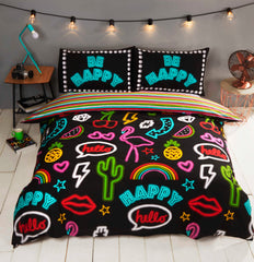 Be Happy Neon Kids Children Bedding Single Double Toddler Duvet Quilt Cover Set Boys Girls
