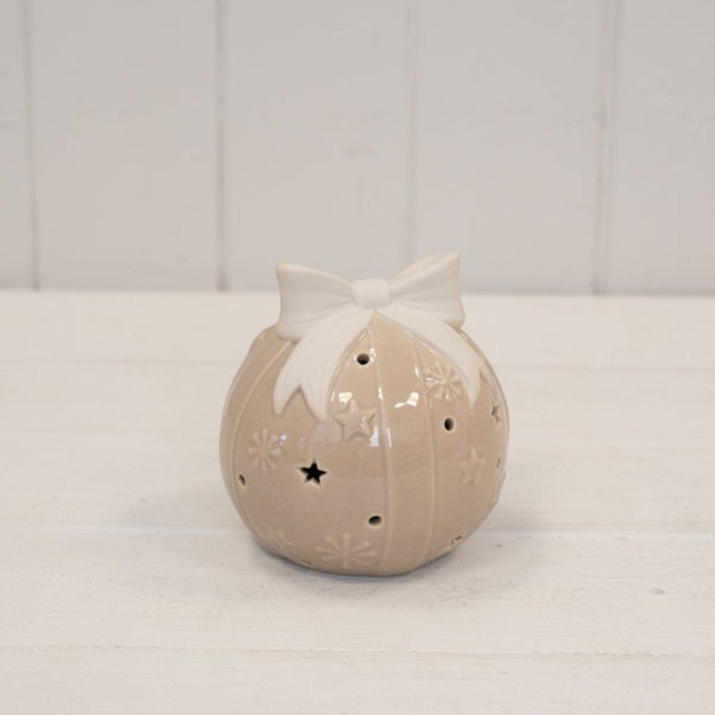 Beige LED Bauble with Bow Christmas Decoration - Figurines - British D'sire