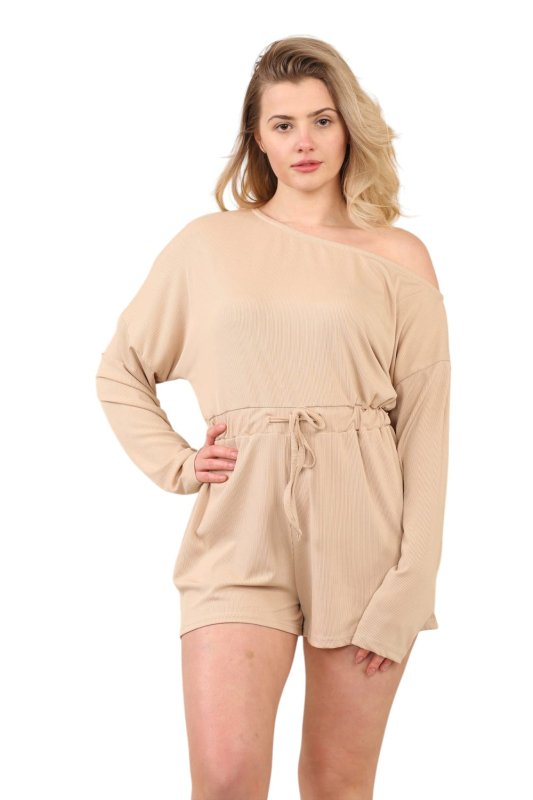 Beige Long Sleeve Drawstring Playsuit - Jumpsuit - British D'sire