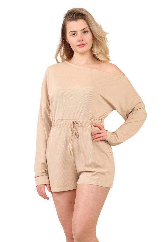 Beige Long Sleeve Drawstring Playsuit - Jumpsuit - British D'sire Main image
