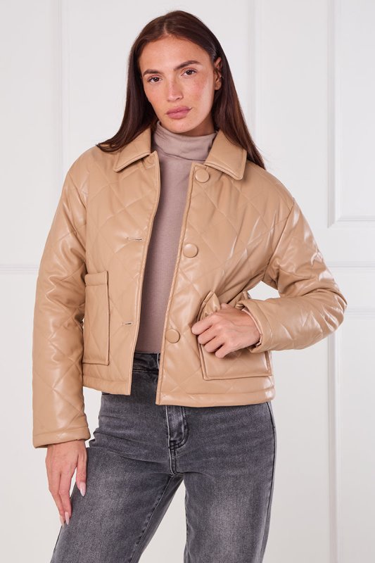 Beige Quilted Faux PU Jacket - jacket - British D'sire