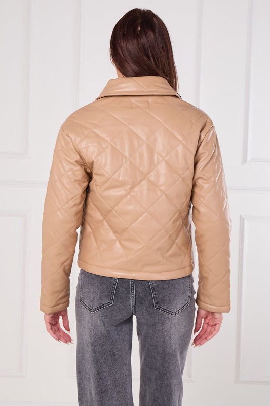 Beige Quilted Faux PU Jacket - jacket - British D'sire