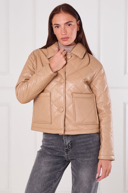Beige Quilted Faux PU Jacket - jacket - British D'sire