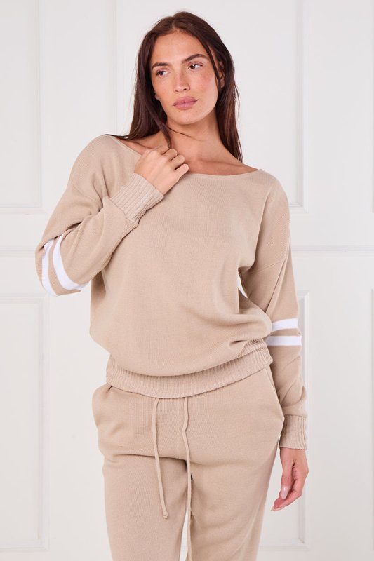 Beige Stripe Knitted Co - Ord Set – Loungewear Two Piece - British D'sire