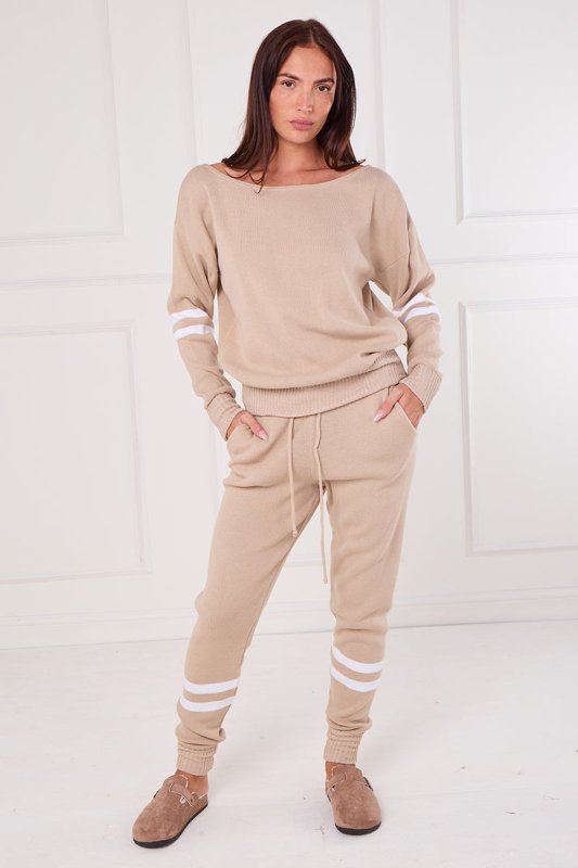 Beige Stripe Knitted Co - Ord Set – Loungewear Two Piece - British D'sire Main image