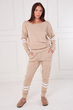 Beige Stripe Knitted Co - Ord Set – Loungewear Two Piece - British D'sire