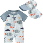 BemeUSWT Baby Boy Swimming Costume Baby Swimsuit 3 6 12 18 Months Infant Toddler Boys Swimwear Rash Guard Zipper One Piece Short Sleeve Beach Bathing Suits Wetsuit - Swimwear - British D'sire