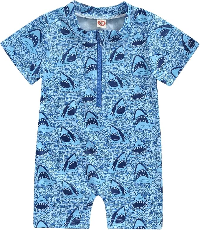 BemeUSWT Baby Boy Swimming Costume Baby Swimsuit 3 6 12 18 Months Infant Toddler Boys Swimwear Rash Guard Zipper One Piece Short Sleeve Beach Bathing Suits Wetsuit - Swimwear - British D'sire Main image