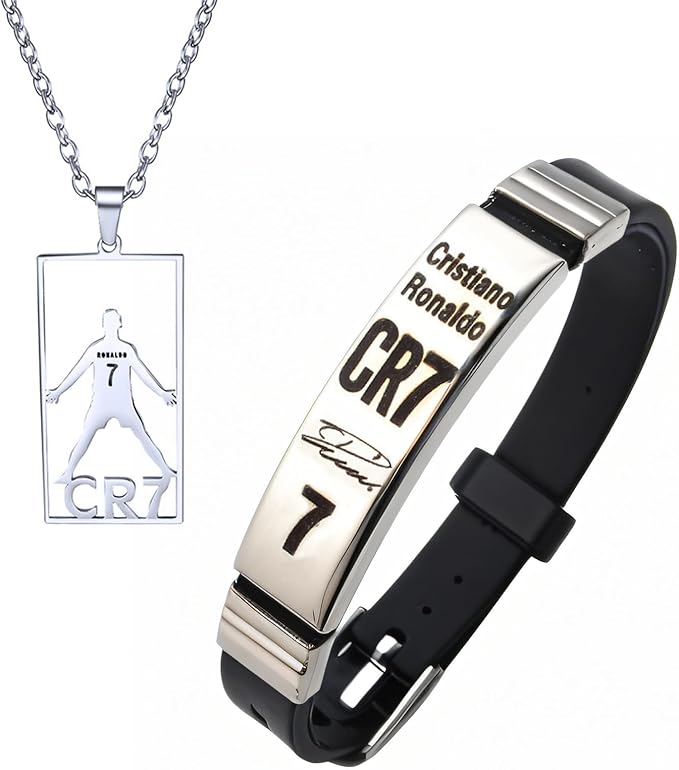 BENIFILE CR7 Football Star Bracelet Pendant Necklace Set, Adjustable Stainless Steel Necklace Silicone Football Bracelet for Men, Champions League Jewelry Gift for Football Fans - Fashion Jewellery Sets - British D'sire Main image