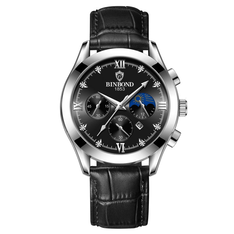 BINBOND B3591 30m Waterproof Luminous Calendar Men Watch, Color: Black Leather-White-Black - British D'sire