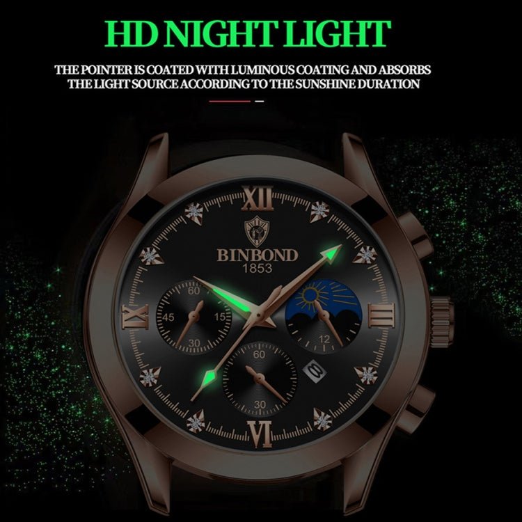 BINBOND B3591 30m Waterproof Luminous Calendar Men Watch, Color: Black Leather-White-Black - British D'sire