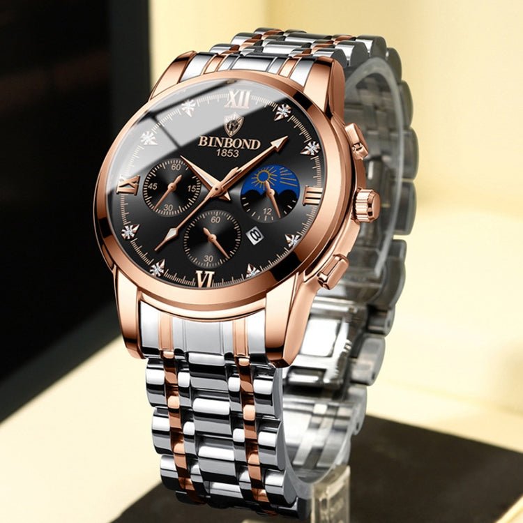BINBOND B3591 30m Waterproof Luminous Calendar Men Watch, Color: Black Leather-White-Black - British D'sire