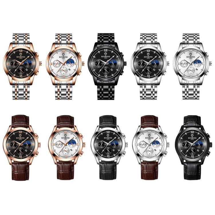 BINBOND B3591 30m Waterproof Luminous Calendar Men Watch, Color: Black Leather-White-Black Secondary image