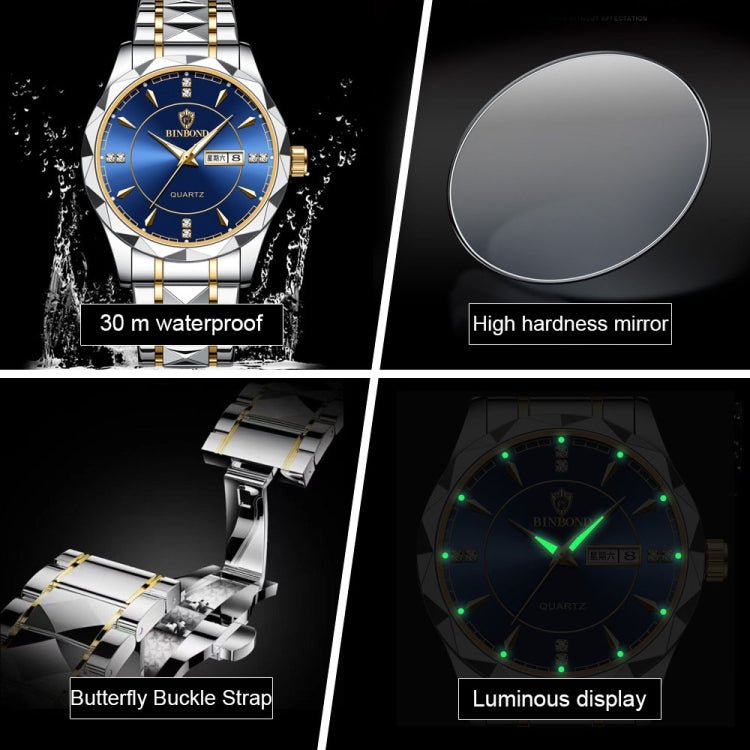 BINBOND B5552 Luminous Multifunctional Business Calendar Quartz Watch(Inter-gold-White) - British D'sire