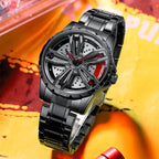 BINBOND D001 3D Hollow Motorcycle Rotating Wheel Watch, Color: Black Steel-Red - British D'sire